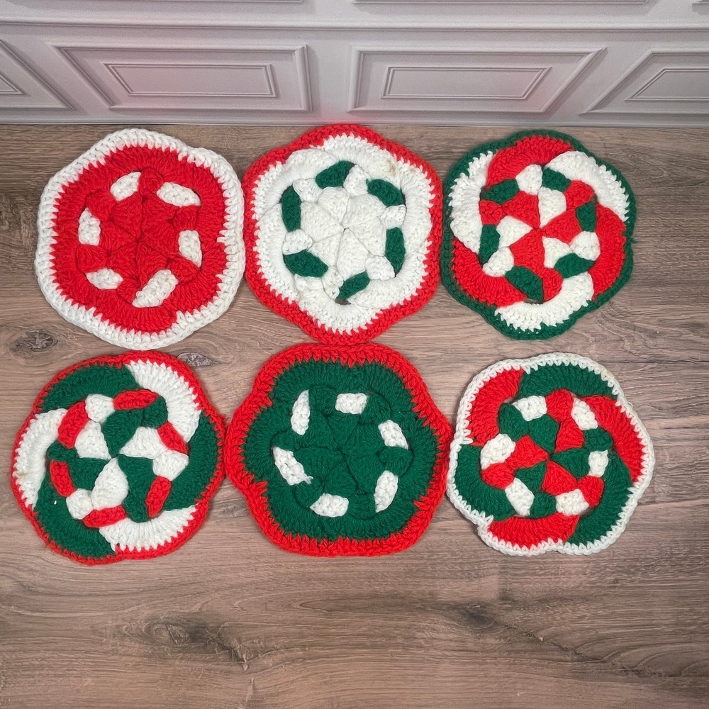 Set of 6 Handmade‎ Crochet Christmas Trivet Pot Holders Red Green White Holiday